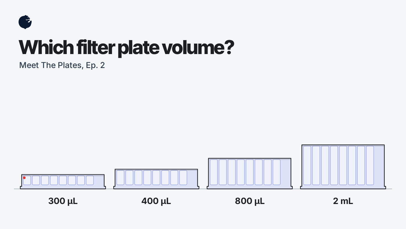 Line drawing of four 96 well filter plates side by side, 300 µL, 400 µL, 800 µL and 2 mL, shortest to tallest, under the title Which filter plate volume?